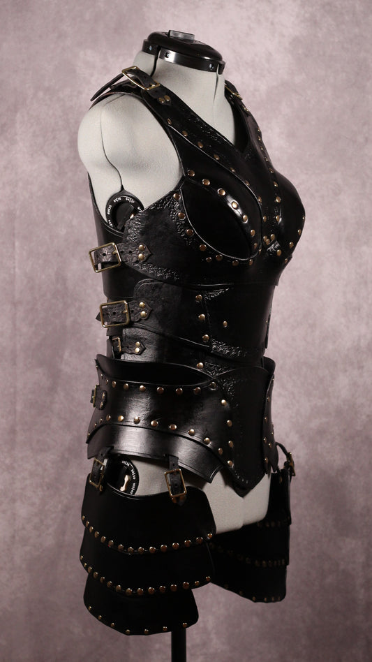 Female Warrior Breastplate and War Belt in Gloss Black with Tassets 3/4 front view